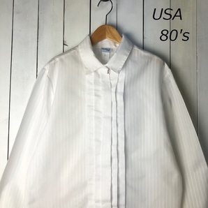 sh●328 USA古着 80s ストライプ タック比翼ブラウス L～XL 白 オールド ヴィンテージ アメリカ古着 長袖 ドレスシャツ 春夏秋 プリーツ