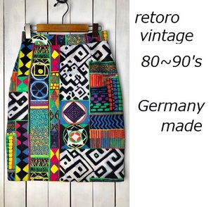  retro old clothes 80s~90s Europe Germany made . hand total pattern knees height skirt spring summer D36 F38 Old Vintage euro pcs shape tight M degree *207
