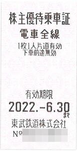 東武鉄道 株主優待 株主優待乗車証(1枚) 有効期限:2022.6.30　　株主優待券/列車/乗車券/電車/東武線 切符/電車全線