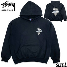 希少■STUSSY (ステューシー) 90s ヴィンテージ アメリカ製 紺タグ OLD SKOOL FLAVOR スーパースター スニーカー スウェット パーカー 黒 L_画像1