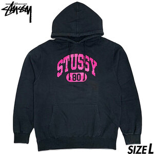  rare #STUSSY ( Stussy ) college Logo print long sleeve sweat Parker black ( black / pink ) L Old skate Rebirth we b