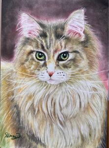 猫　ネコ　ねこ　手描き　原画　パステル画　色鉛筆画
