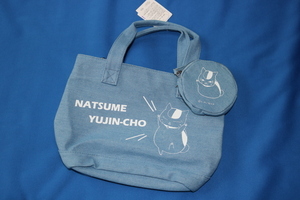  Natsume's Book of Friends ..... raw Mini tote bag light blue round pouch attaching nyanko. raw new goods unused 