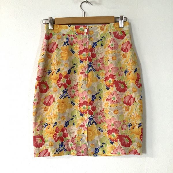 高級感 花柄 100%シルク】イタリア製 上品 長袖 ブラウス 紺×黄色-