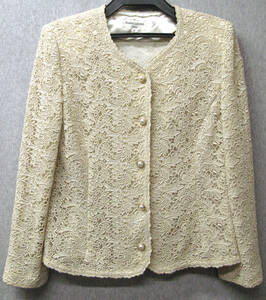 ハーディ・エイミス HARDY AMIES：総レース 金ラメ パールボタン ジャケット 9号 （ 刺繍 結婚式 パーティ HARDY AMIES LACE JACKET 9 