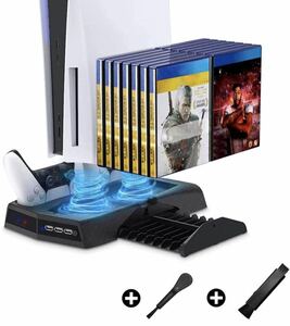 PS5 冷却ファン 縦置きスタンド 高性能静音冷却ファン コントローラ充電スタンド2台付き USBハブ3ポート ディスクスロットあり
