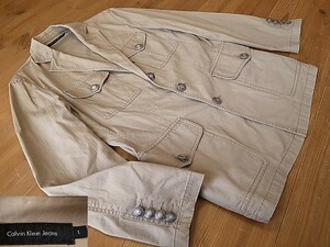 Calvin Klein Jeans カルバンクライン 春夏 ヘリンボーン コットン ３釦 テーラード ジャケット ベージュ L