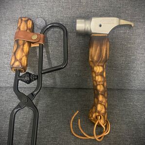 薪ハサミ、ペグハンマー カスタム ハンドメイド 焼き付け蜜蝋仕上げ