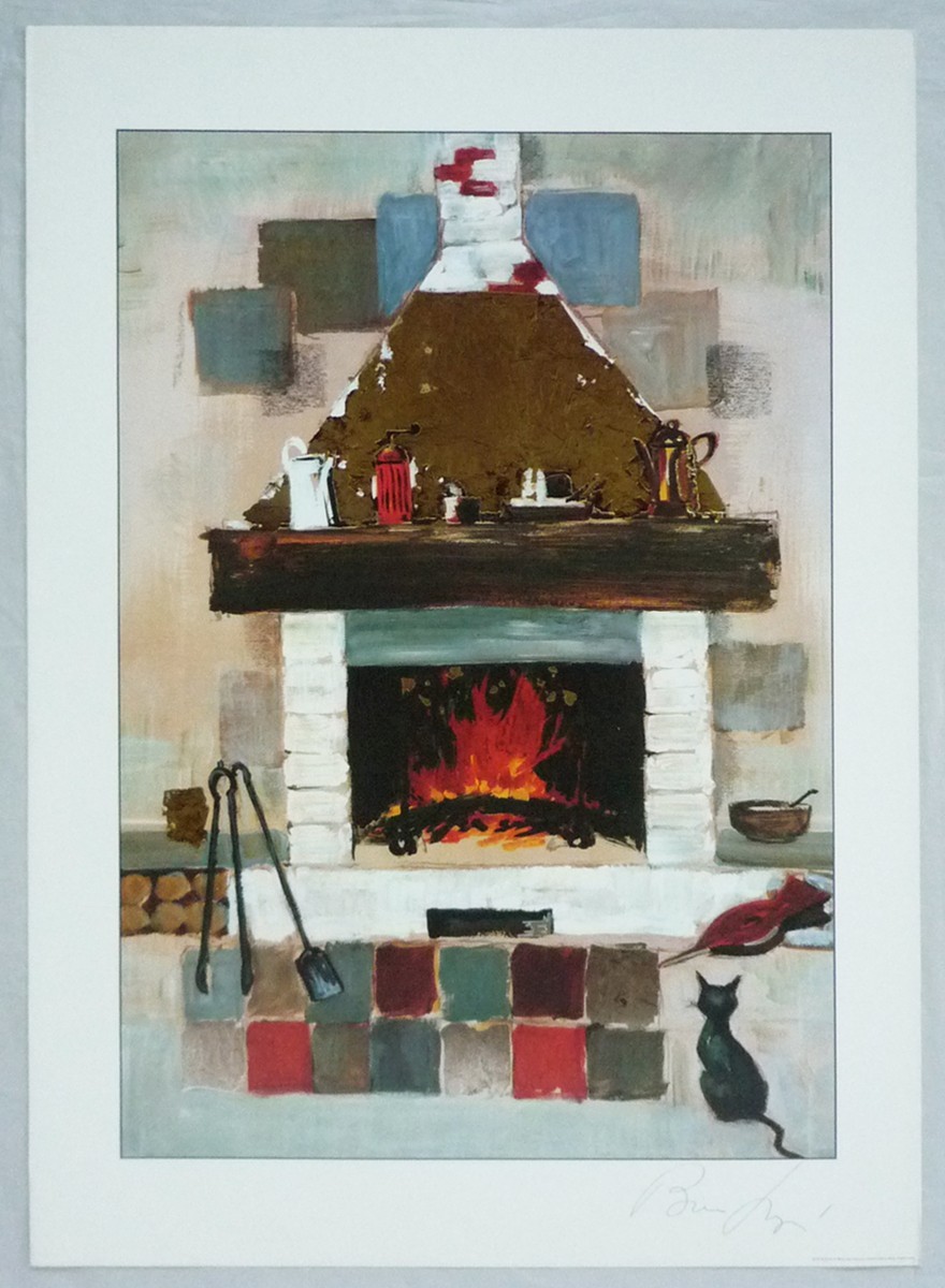 Europäisches Metallic-Kunstposter „Katze im Kamin von Giorgio. Blattgröße 50 x 70 cm lieferbar., Kunstwerk, Malerei, Andere