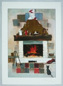 ヨーロッパ製 メタリックアートポスター ジオルジィ「暖炉の猫」 シ－トサイズ50X70cmで納品対応可
