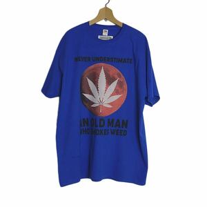 大きいサイズ Tシャツ 新品 プリントTシャツ メンズ ＸLサイズ FRUIT OF THE LOOM 青色 SMOKES WEED 月と大麻の葉 #2438