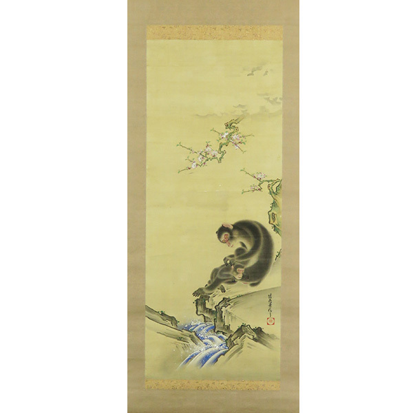 B-2172 [Authentic work] Hidenobu Kano (Hidenobu Hohashi) Hand painted silk tint monkey drawing Hanging scroll/Kano school Animal painting Japanese painting Edo painting Calligraphy, painting, Japanese painting, flowers and birds, birds and beasts