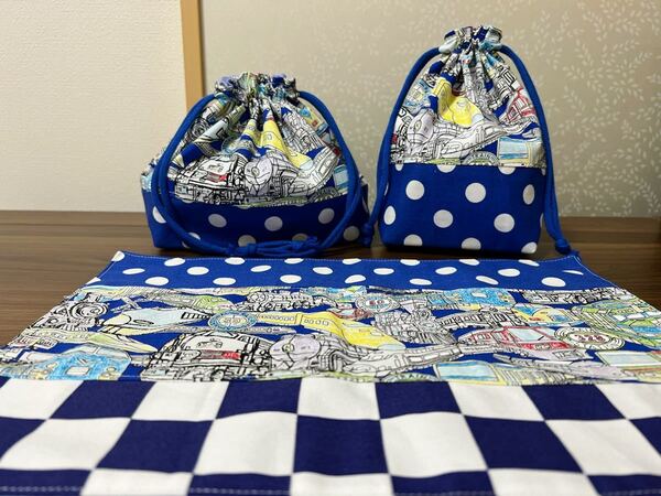 ●ハンドメイド●電車*新幹線 お弁当袋*コップ袋*ランチョンマット 青