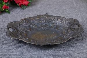 銅製 葡萄彫文 手付皿 トレー オーバルディッシュ