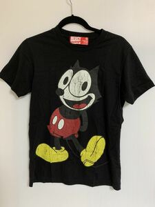 即決/MERCY vintage/FELIX×MICKEY/フィリックス・ザ・キャット×ミッキーマウスパロディ/ビンテージスタイル風Tシャツ/カスレプリントT/M