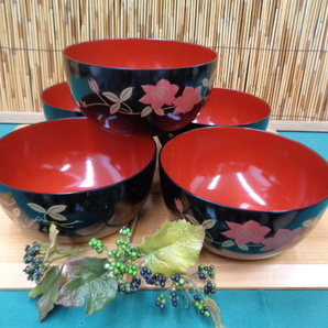 漆塗り 丼ぶり 弥生丼 鉄仙模様 海鮮ちらし丼 工芸品 5客 未使用品