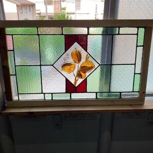 8s-207 アンティークステンドグラス エナメル絵付け/マルチカラー/花草柄/格子柄 1920年代英国製/イギリス製