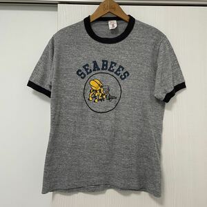 送料込　80s ビンテージ　SEABEES リンガーTシャツ 霜降り杢グレー　ミリタリー