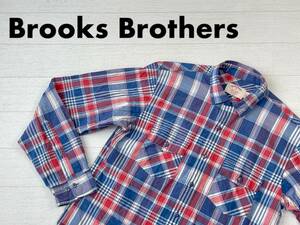 ☆送料無料☆ Brooks Brothers ブルックスブラザーズ USA直輸入 古着 長袖 チェック フラップポケット シャツ メンズ M XSLIM ブルー 中古