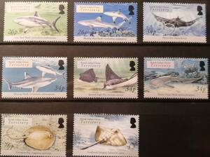 英領インド洋 サメ,エイ(8種) MNH 