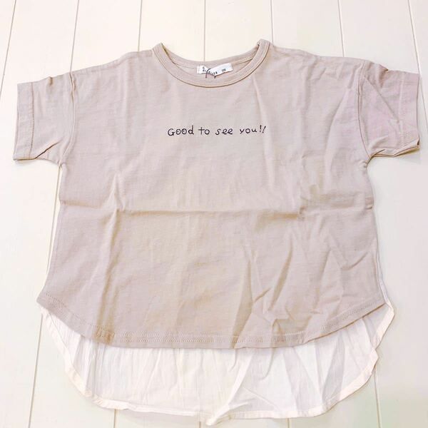 【新品未使用】cloudy fine later クラウディファインレター 100㎝ Tシャツ ライトグレー 半袖 切替 異素材 刺繍 かわいい 英字 おしゃれ