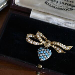  Britain antique 19 century Victoria nK15si-do pearl . turquoise. ribbon Heart brooch so-ting memory attaching 