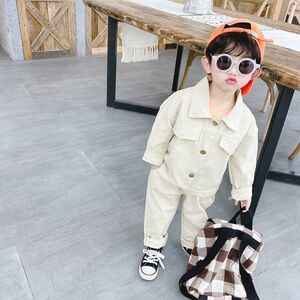 !mineka! Kids top and bottom set man outer garment + long pants 2 point set jacket trousers child clothes cotton made setup beige 130CM 200333/7T