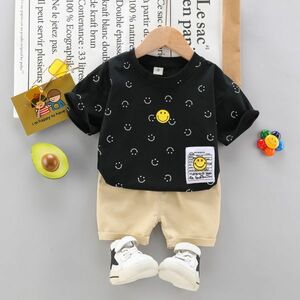 ♪ｍineka♪男の子半袖シャツ+パンツ2点セット　綿製　普段着　Tシャツ　ブラック　スマイルプリント　カジュアル　110cm　211577/5T