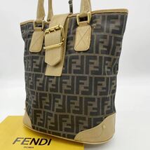 1円〜 FENDI フェンディ トートバッグ ズッカ柄 ハンドバッグ レザー キャンバス ブラウン ベルト バックル ゴールド金具 正規品 A4可 KCC_画像1