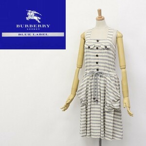 ◆BURBERRY BLUE LABEL/バーバリーブルーレーベル ボーダー柄 デザインポケット ギャザー ノースリーブ ワンピース ジャンパースカート 38