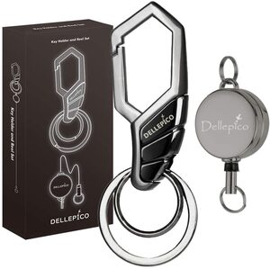 【送料無料】DELLEPICO キーホルダー リール付 キーチェーン キーリング カラビナ 亜鉛合金製 シルバー 銀 専用箱付 (brown-2)