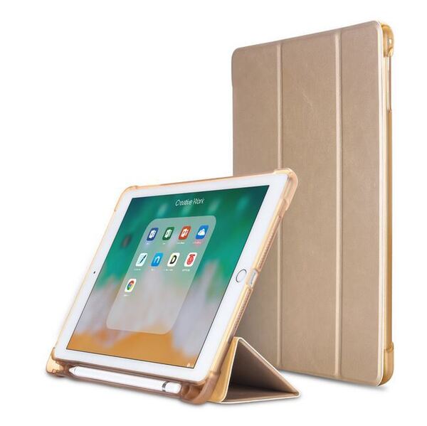 ★送料無料★【新品 未使用】iPadカバー ケース 10.2インチ 第7世代 半透明 マグネット開閉 ペン立て穴あり 3つ折り 色:ゴールド