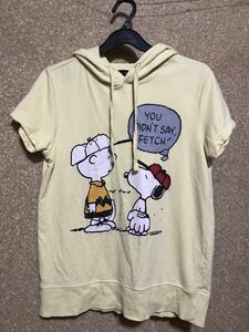 古着　スヌーピーパーカー　黄色系　良品半袖パーカー フード付きTシャツ　90s 00s スエット