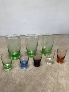 昭和レトロ 色ガラス グラス ガラス コップ 3客 ショットグラス ミニグラス 5客 5色 筒猪口 杯 (A1545)