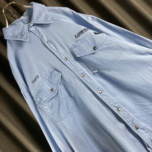 【90sアメリカ製】企業物　刺繍ロゴ　スナップボタン　肉厚ワークシャツ　ブルー　XLサイズ アメリカ古着　ウエスタンシャツ