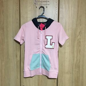 【新品】Lovetoxic◆サーモンピンクx紺 半袖 パーカー◆サイズM(150)◆3800円がお得♪