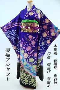 [ free shipping ] beautiful goods .. flower book@ long-sleeved kimono underskirt double-woven obi obi . obi shime piling collar 6 point full set purple aperture stop length 167cm coming-of-age ceremony wedding silk .. finished m-3164