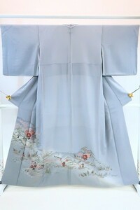 【送料無料】未使用　色留袖　身丈160cm　裄丈66cm　灰色　グレー　刺繍　一つ紋　フォーマル　袷　正絹　仕立て上がり　m-3025