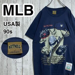 ☆送料無料☆ NUTMEG ナツメグ MLB ニューヨークヤンキース Tシャツ Mサイズ ネイビー シングルステッチ USA製 90s 22-59