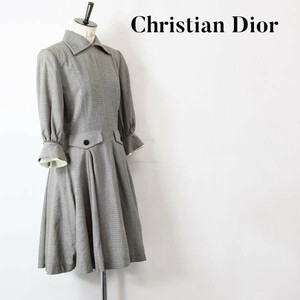 AW A1464 Christian Dior クリスチャンディオール レトロ ロング ワンピース ドレス タック フレア プリーツ グレー sizeM シルク ウール