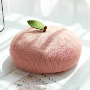 ベレー帽　もも　フルーツ　ヘタ付き　桃　ピンク　大人用　レディース　調節可能　かわいい　ロリータ
