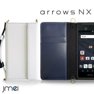 arrows NX F-01F 手帳型 JMEI本革手帳ケース カード収納付 ハンドルストラップ 調整可能 折りたたみ ホワイト