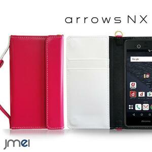 arrows NX F-01F 手帳型 JMEI本革手帳ケース カード収納付 ハンドルストラップ 調整可能 折りたたみ ホットピンク