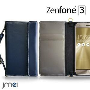ZenFone3 ZE520KL JMEI 本革 手帳ケース カード収納付 ハンドルストラップ 調整可能 折りたたみ ネイビー
