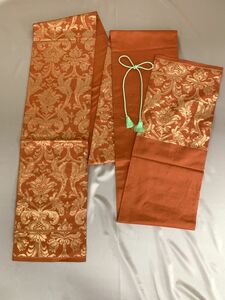 袋帯　正絹　六通柄　洒落袋帯　蜜柑色の地に金箔の鳳凰や花のオリエンタル紋様の織　リメイクやコスプレにも　保管品