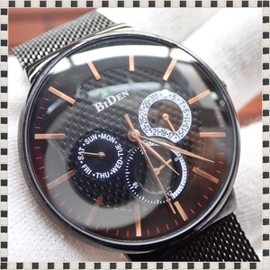 【 美品 】バイデン クォーツ 黒文字盤 デイデイト 40mm メンズ 腕時計 稼働品 BIDEN