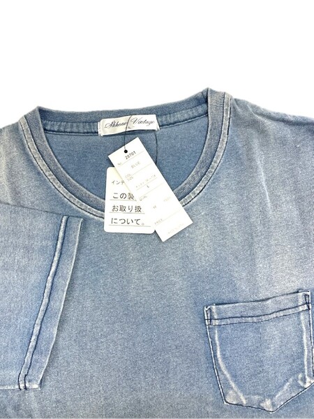 メンズ クルーネック Tシャツ Lサイズ メンズ インディゴ染め×無地 ライトブルー 半袖 胸ポケットあり