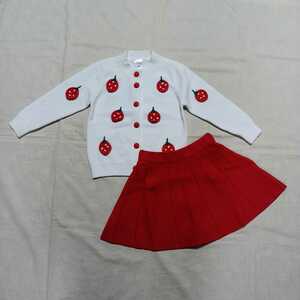 [ не использовался ][ есть перевод ] baby младенец девочка 90 выставить длинный рукав кардиган юбка клубника простой модный симпатичный 