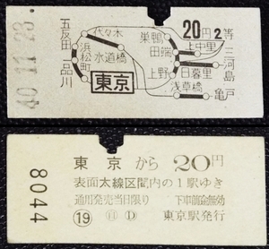 211☆☆硬券・乗車券・地図切符・東京20円2等・昭和40年☆