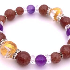 天然石水晶金彫り青龍12mm玉&ストロベリークォーツ&アメジストのブレスレット